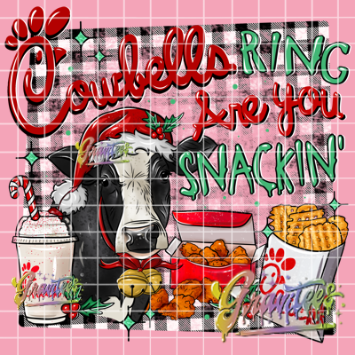 Cowbells Ring Are You Snackin with Transparent Checkered Background Png, Snacks Clipart, Trendy Cow Christmas Clipart, Fast Food Clipart for DTF or Shirt Printing, PNG Only!