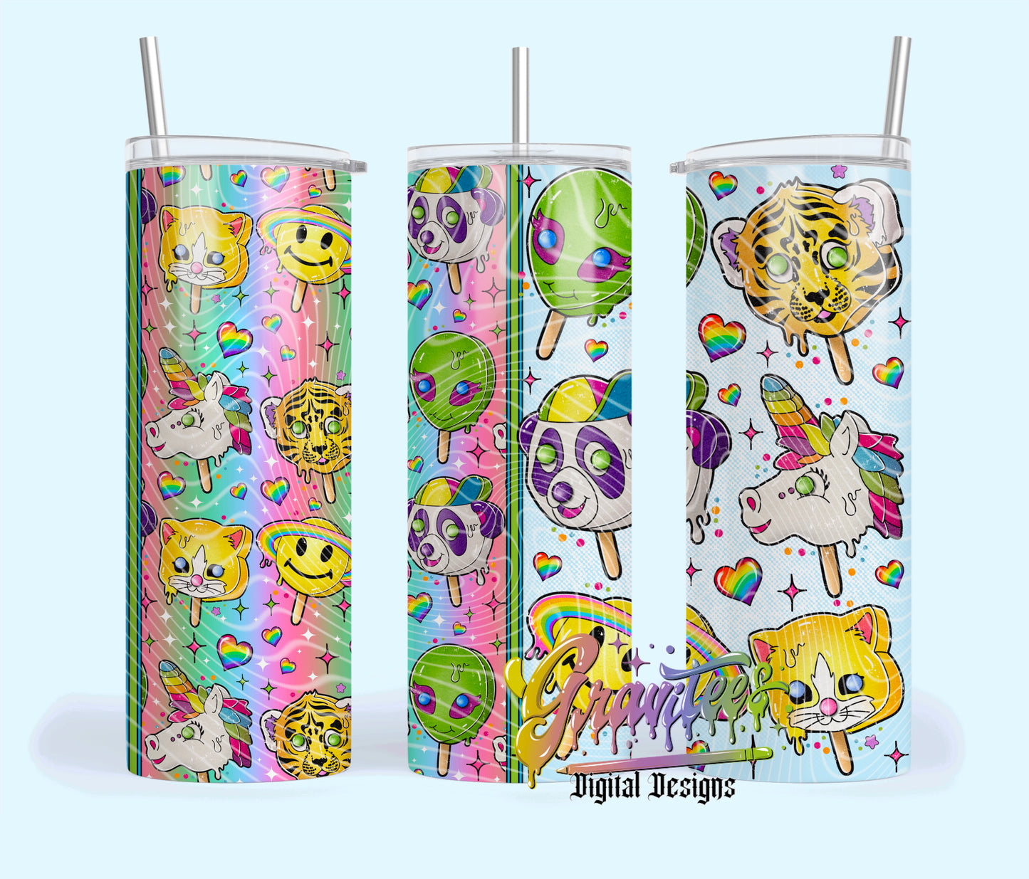 Retro 90’s Animal Cuties Ice Creams Skinny Template Png Clipart, Animal Clipart for UVDTF or Sublimation Printing, PNG Only!
