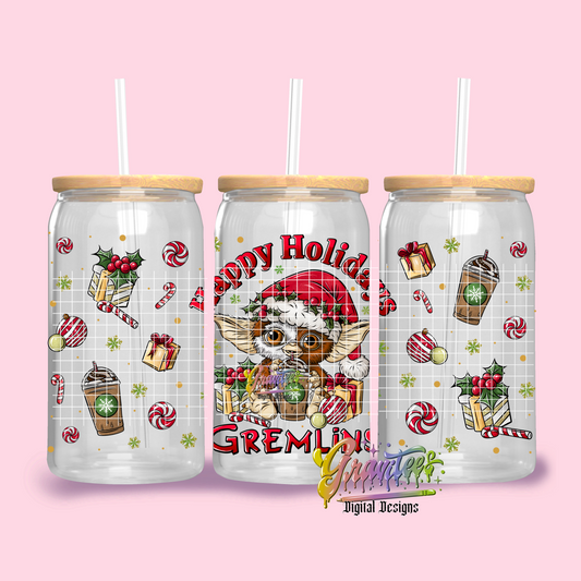 Happy Holidays Libbey Glass Can Template Png, Christmas Movie Clipart, Trendy Clipart, Gremlins Clipart for DTF or Shirt Printing, PNG Only!