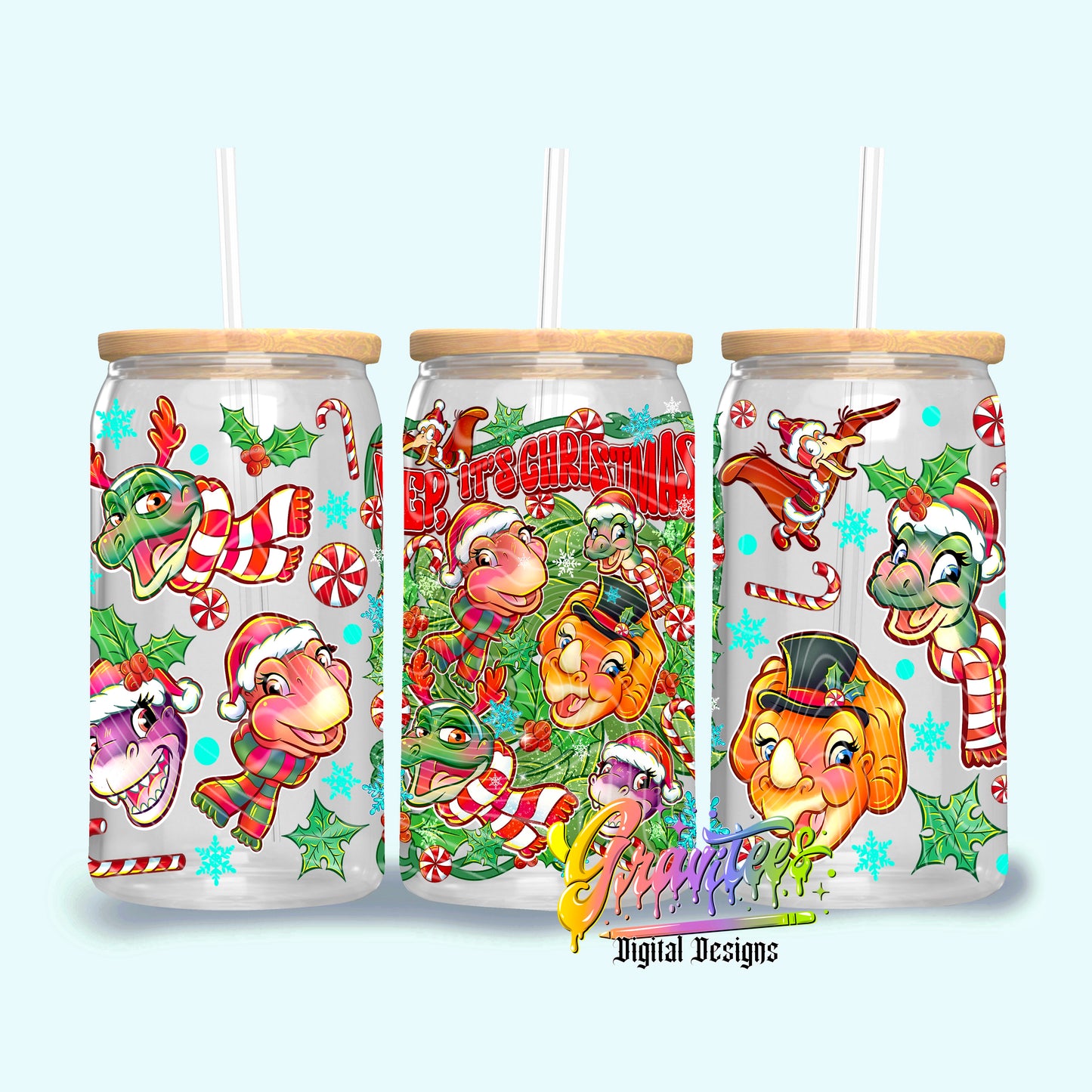 Christmas Dinosaurs 16oz Tumbler Template Design PNG, for UVDTF or Sublimation Printing PNG Only!!