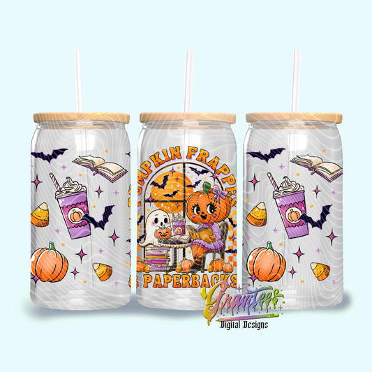 Pumpkin Frappes & Paperbacks  Libbey Template PNG, Halloween Fall Clipart for UVDTF or Sublimation Printing PNG Only!