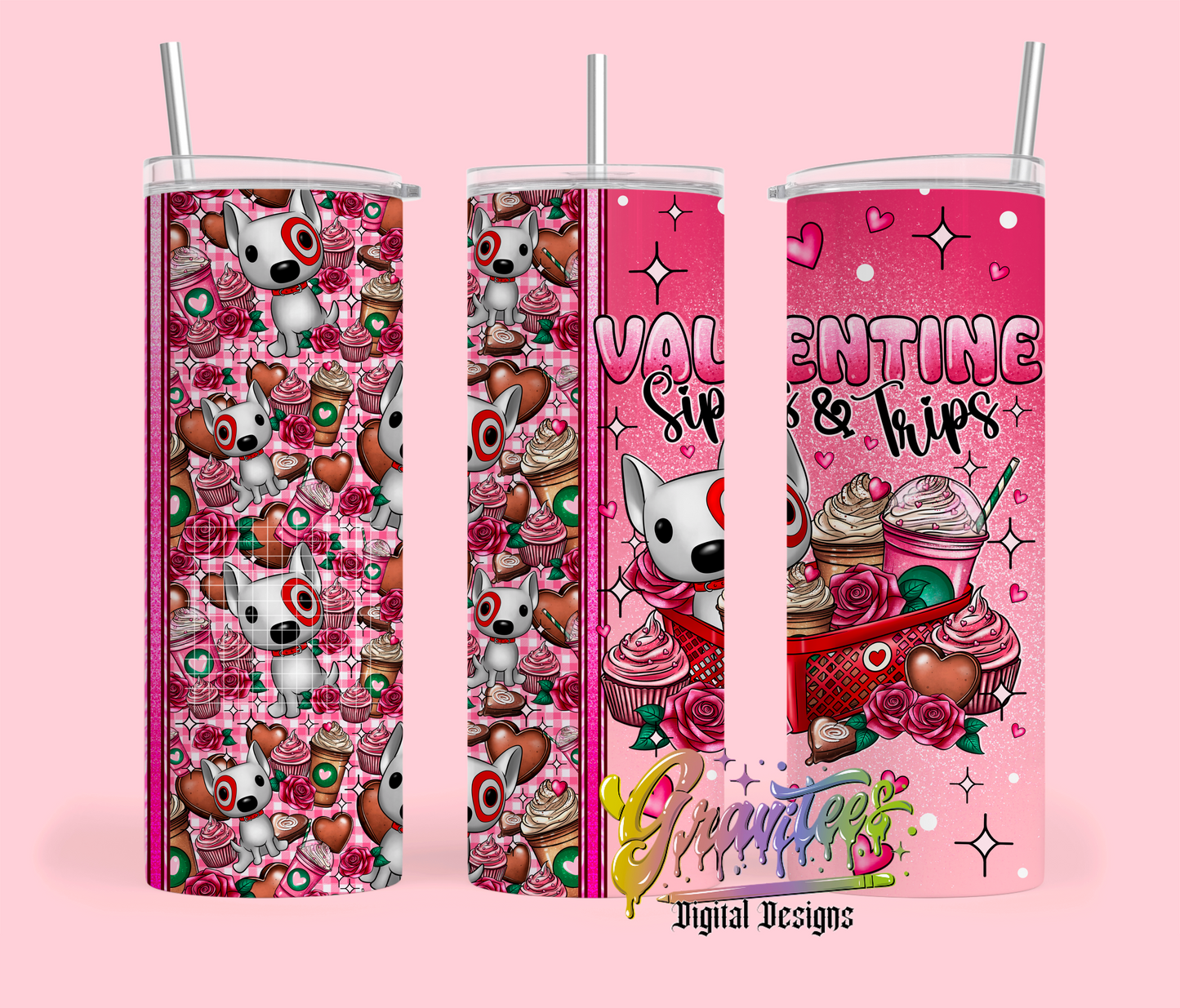 Valentine Sips & Trips 20 oz. Tumbler Template Png, Coffee Clipart, Trendy Valentine Clipart for DTF or Shirt Printing, PNG Only!