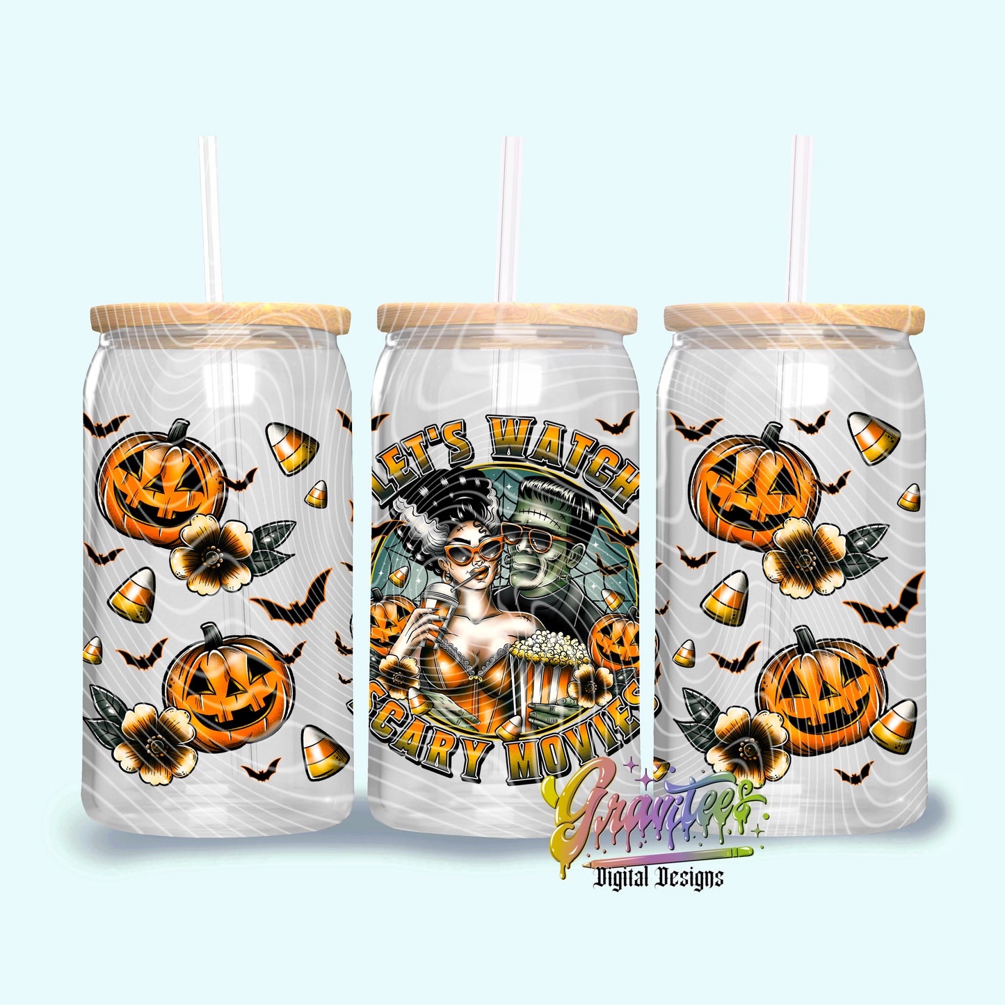 Let’s Watch Scary Movies 16oz Tumbler Template Design PNG, Fall Design for UVDTF or Sublimation Printing PNG Only!