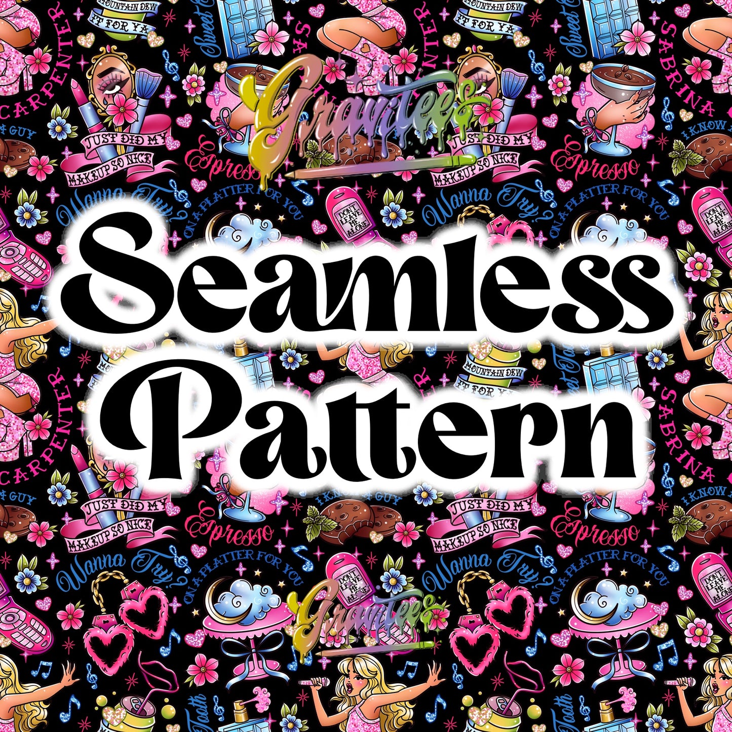 SABRINA C Seamless Black Background Design Png for DTF or Shirt Printing, PNG Only!