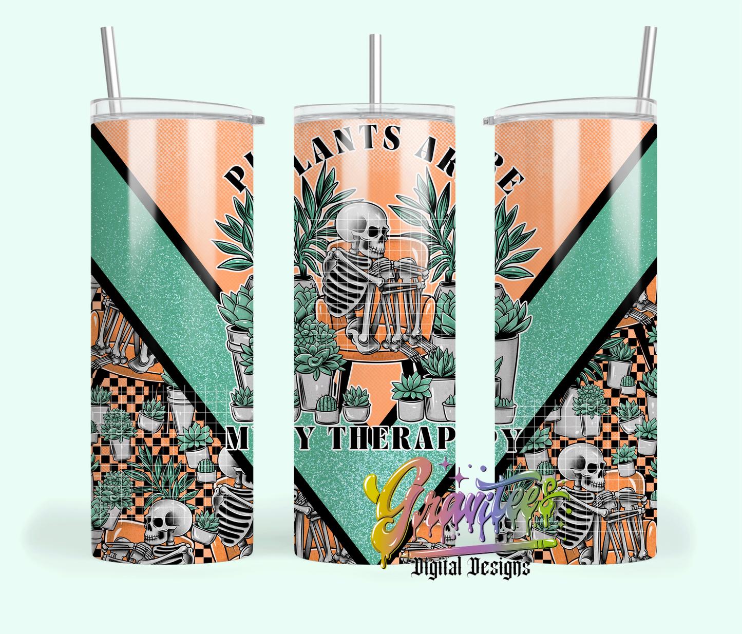 Plants Are My Therapy Skinny Tumbler Template Png, Plant Lover Clipart, Trendy Skeleton Clipart, Clipart for DTF or Shirt Printing, PNG Only!