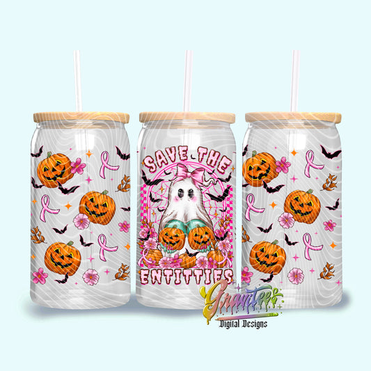 Save The Entitties 16oz Tumbler Template Design PNG, Fall Breast Cancer Design for UVDTF or Sublimation Printing PNG Only!