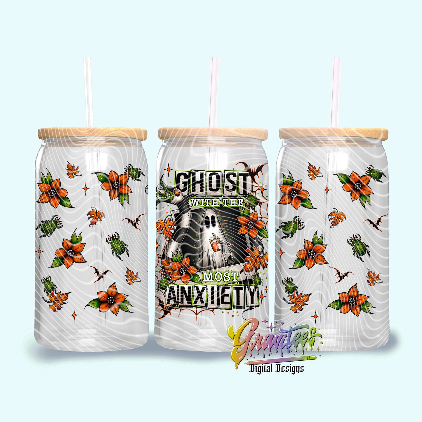 Anxiety Ghost 16oz Tumbler Template Design PNG, Fall Breast Cancer Design for UVDTF or Sublimation Printing PNG Only!