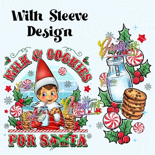 Male Elf Milk & Cookies Christmas Design With Sleeve Design for DTF or Sublimation Shirt Printing, PNG Only