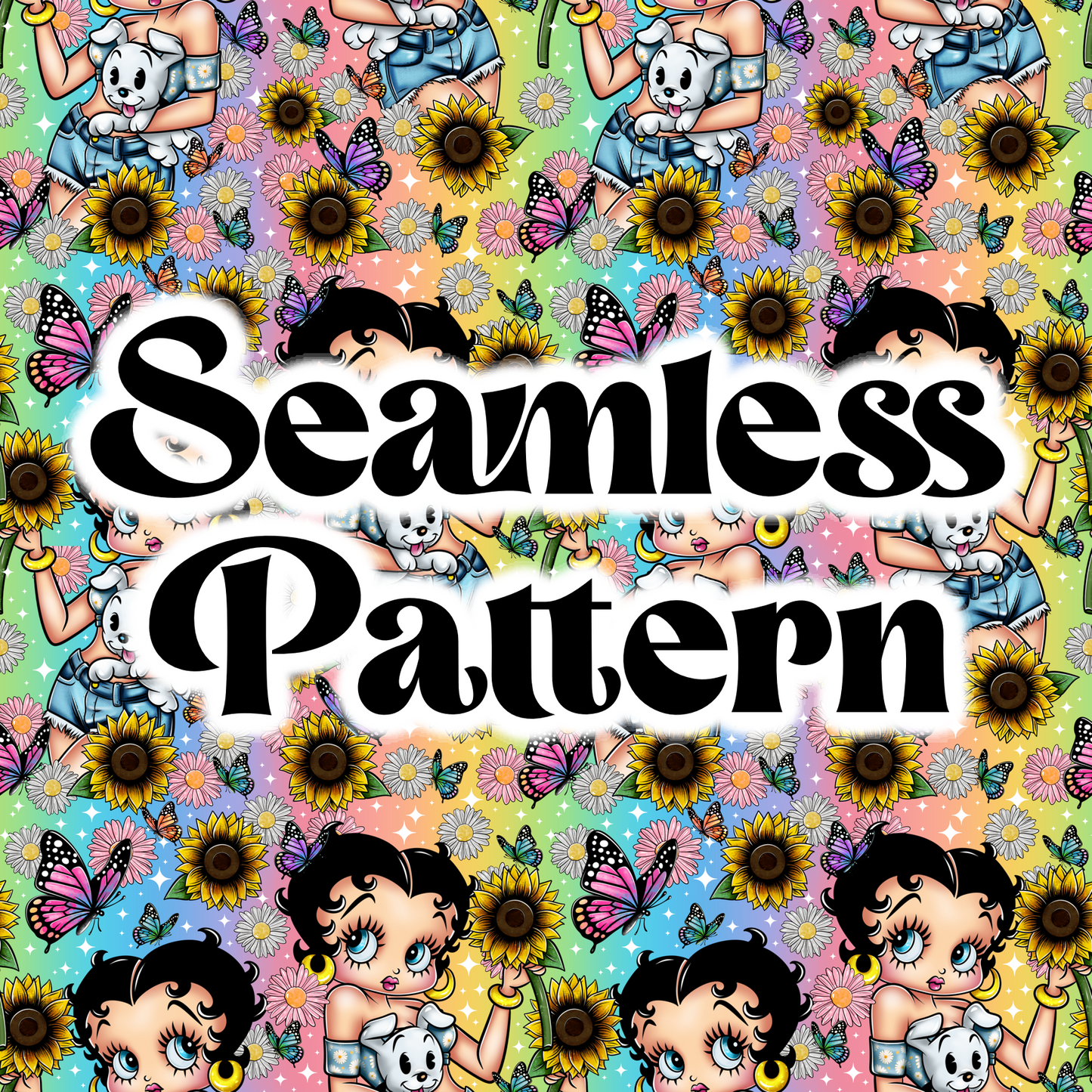 Sunflower Spring Seamless Design Png, Cartoon Spring Clipart, Trendy Spring Clipart, Clipart for DTF or Shirt Printing, PNG Only!