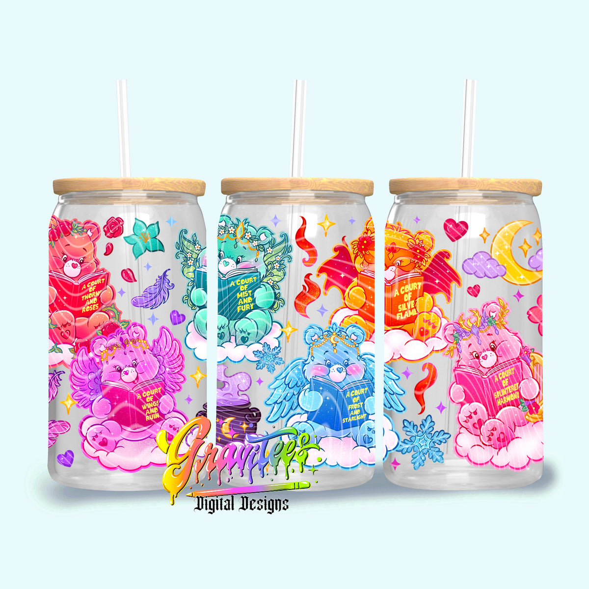 Fantasy Reading Bears 16oz Tumbler Template Png for UVDTF or Sublimation Printing, PNG Only!