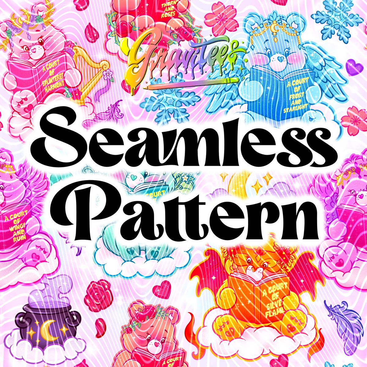 Fantasy Reading Bears Seamless Design Png for DTF or Shirt Printing, PNG Only!