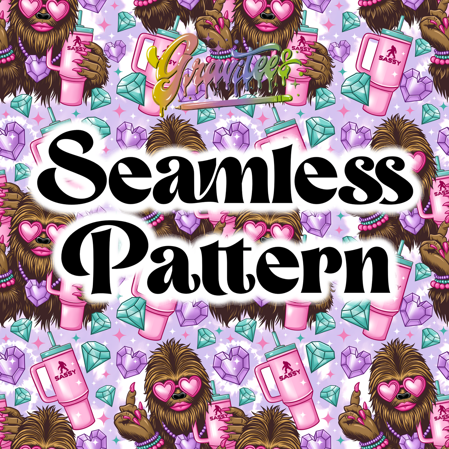 Sassy-Squatch Seamless Design Png, Bigfoot Clipart, Sasquatch Clipart, Clipart for DTF or Shirt Printing, PNG Only!