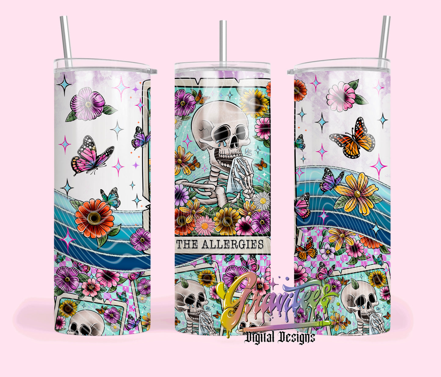 The Allergies Tarot Skeleton Skinny Tumbler Template Design Png, Skinny Tumbler Template Skeleton for UVDTF or Sublimation Printing, PNG Only!