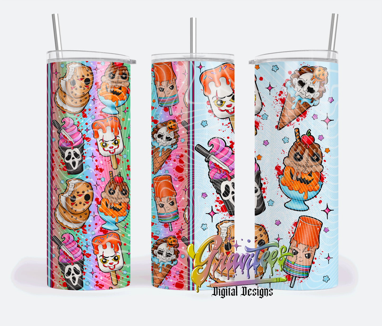 Horror Ice Creams Skinny Timbler Template Design PNG, Horror Summer Clipart for UVDTF or Sublimation Printing PNG Only!
