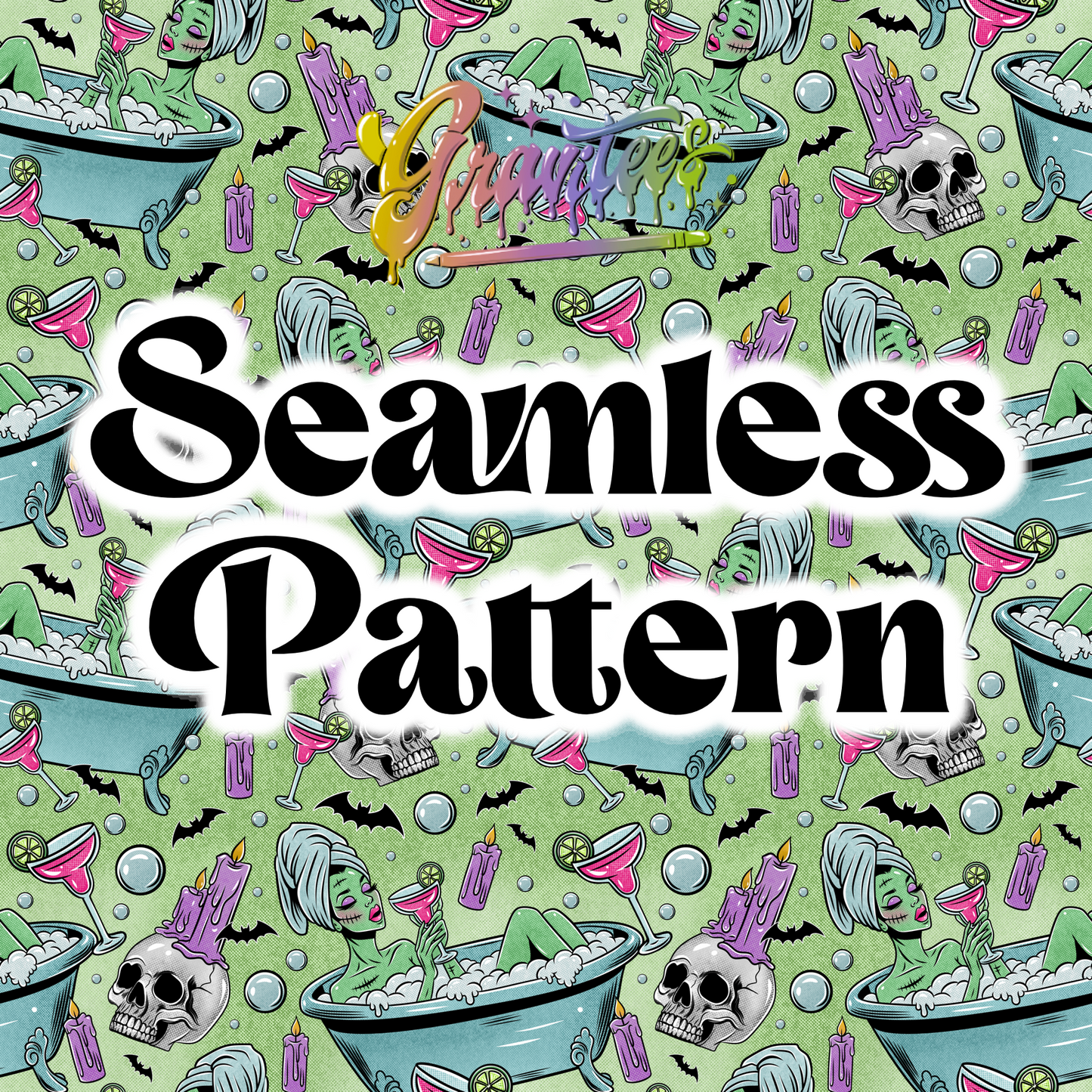 Self Care is not Selfish Seamless Green Background Png, Zombie Clipart, Trendy Spa Zombie Girl Clipart, Clipart for DTF or Shirt Printing, PNG Only!