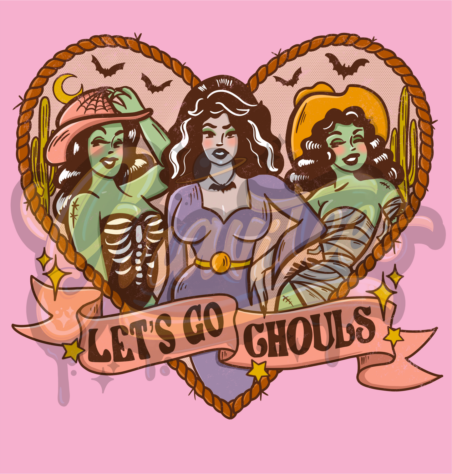 Let's Go Ghouls PNG, Spooky Cowgirls Clipart for DTF or Shirt Printing, Halloween Sublimation, PNG Only! Distressed Version!