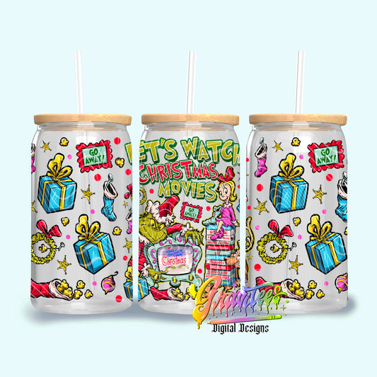 LETS WATCH CHRISTMAS MOVIES 16oz Tumbler Template Design PNG,  for UVDTF or Sublimation Printing PNG Only!!