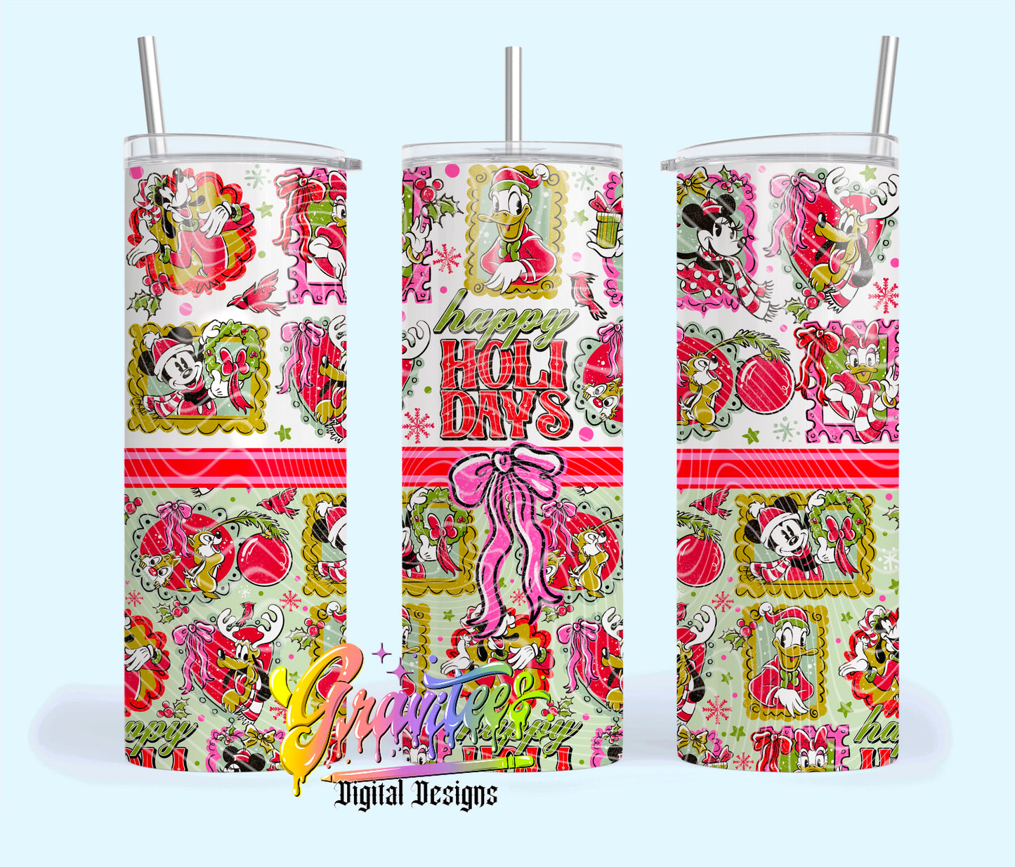 HAPPY HOLIDAYS MOUSE BOWS 20oz Tumbler Template Design PNG,  for UVDTF or Sublimation Printing PNG Only!!