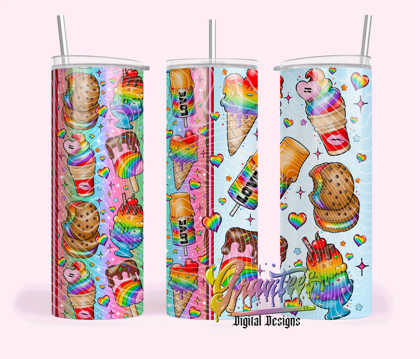 Pride  Ice Creams Skinny Tumbler Template Design PNG, Rainbow Pride Summer Clipart for UVDTF or Sublimation Printing PNG Only!