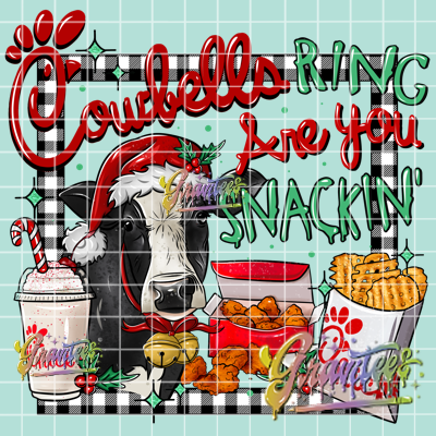 Cowbells Ring Are You Snackin with Bordered Checkered Background Png, Snacks Clipart, Trendy Cow Christmas Clipart, Fast Food Clipart for DTF or Shirt Printing, PNG Only!
