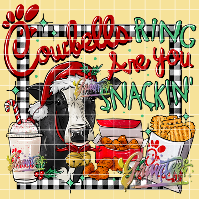 Cowbells Ring Are You Snackin with Bordered Checkered Background Png, Snacks Clipart, Trendy Cow Christmas Clipart, Fast Food Clipart for DTF or Shirt Printing, PNG Only!
