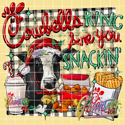 Cowbells Ring Are You Snackin with Transparent Checkered Background Png, Snacks Clipart, Trendy Cow Christmas Clipart, Fast Food Clipart for DTF or Shirt Printing, PNG Only!