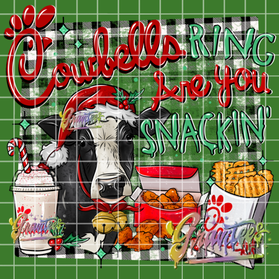 Cowbells Ring Are You Snackin with Transparent Checkered Background Png, Snacks Clipart, Trendy Cow Christmas Clipart, Fast Food Clipart for DTF or Shirt Printing, PNG Only!