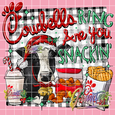 Cowbells Ring Are You Snackin with Distressed Checkered Background Png, Snacks Clipart, Trendy Cow Christmas Clipart, Fast Food Clipart for DTF or Shirt Printing, PNG Only!