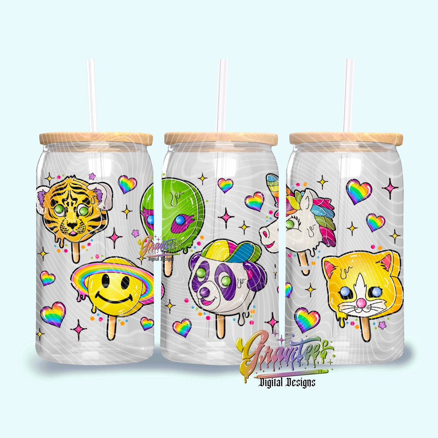 Retro 90’s Animal Cuties Ice Creams Libbey Template Png Clipart, Animal Clipart for UVDTF or Sublimation Printing, PNG Only!