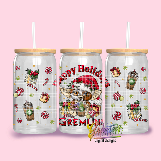 Happy Holidays Gremlins Libbey Glass Can Template Png, Christmas Movie Clipart, Trendy Clipart, Gremlins Clipart for DTF or Shirt Printing, PNG Only!