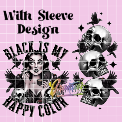 Copy of Black Is My Happy Color with Sleeve Design Png,  Skull Crow Clipart, Trendy Goth Clipart for DTF  or Shirt Printing, PNG Only!