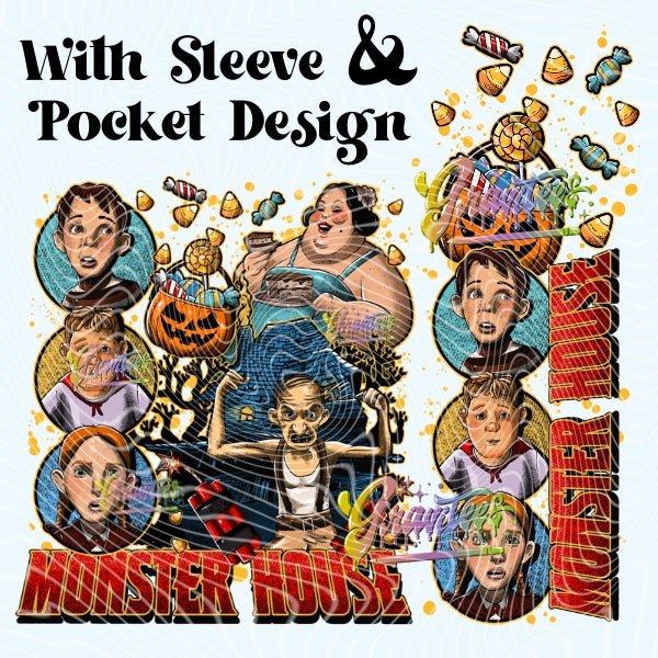 Haunted House with Sleeve and Pocket Design PNG, Halloween House Clipart for DTF or Shirt Printing PNG Only!