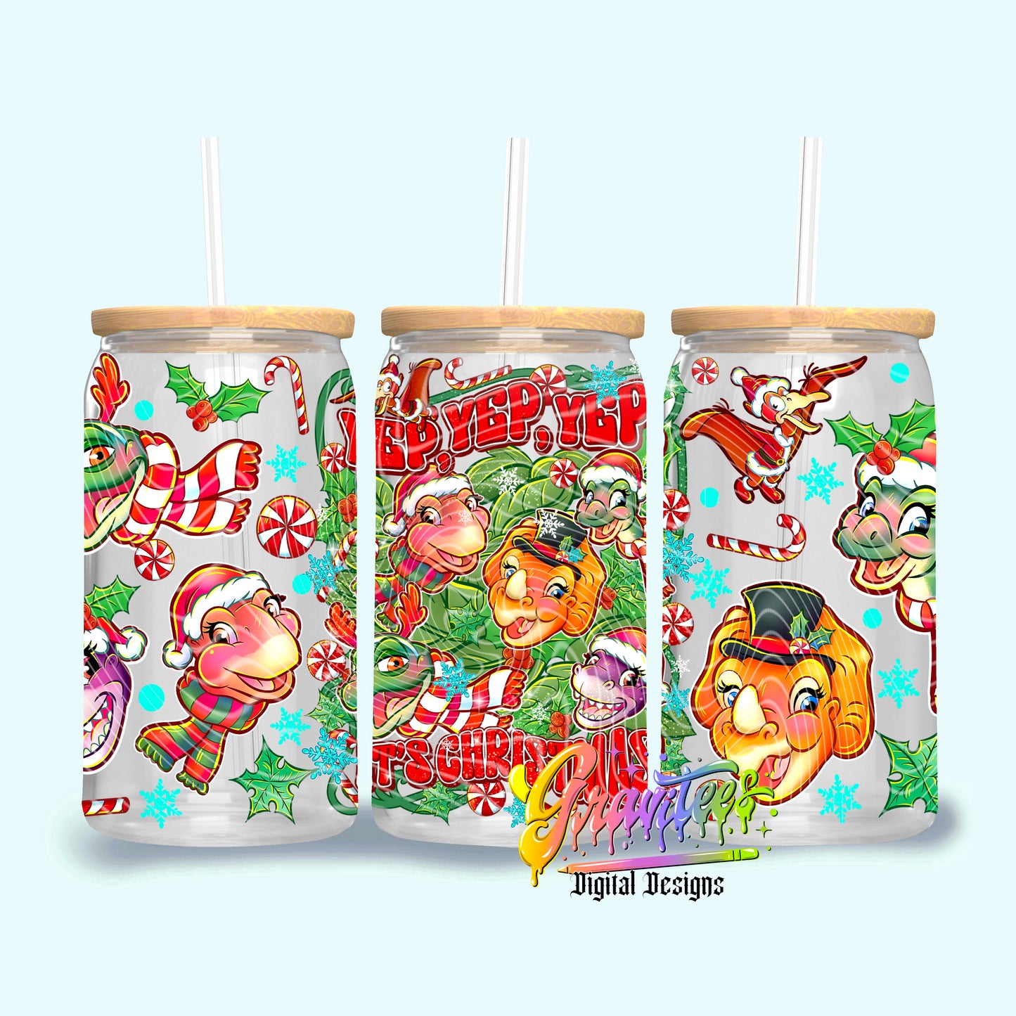 Christmas Dinosaurs 16oz Yep Yep Yep Tumbler Template Design PNG,  for UVDTF or Sublimation Printing PNG Only!!