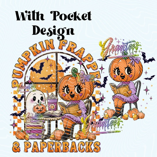 Pumpkin Frappes & Paperbacks PNG with Pocket Design, Pumpkin Fall Clipart for DTF or Shirt Printing PNG Only!