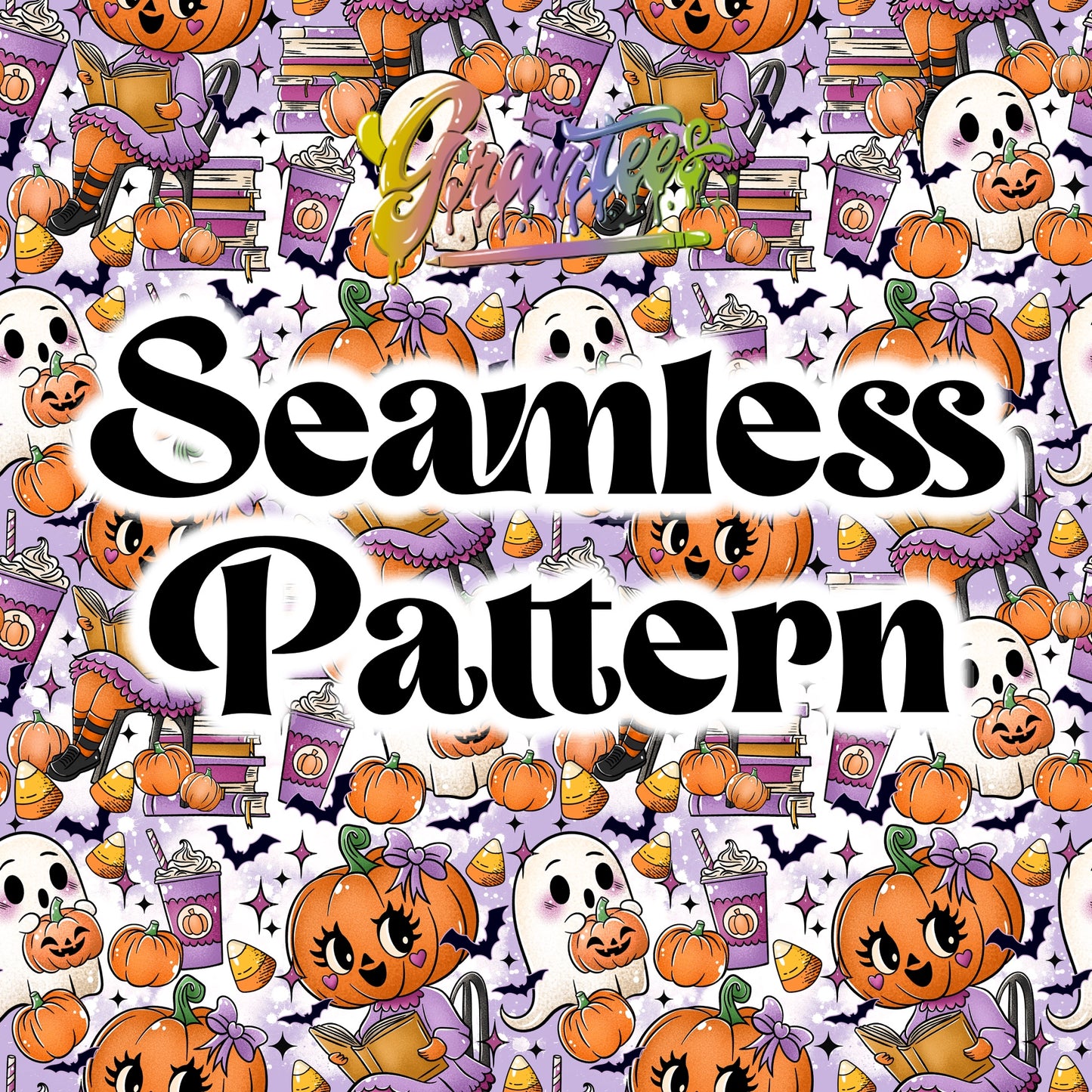 Pumpkin Frappes & Paperbacks PNG Seamless Design, Pumpkin Fall Clipart for DTF or Shirt Printing PNG Only!