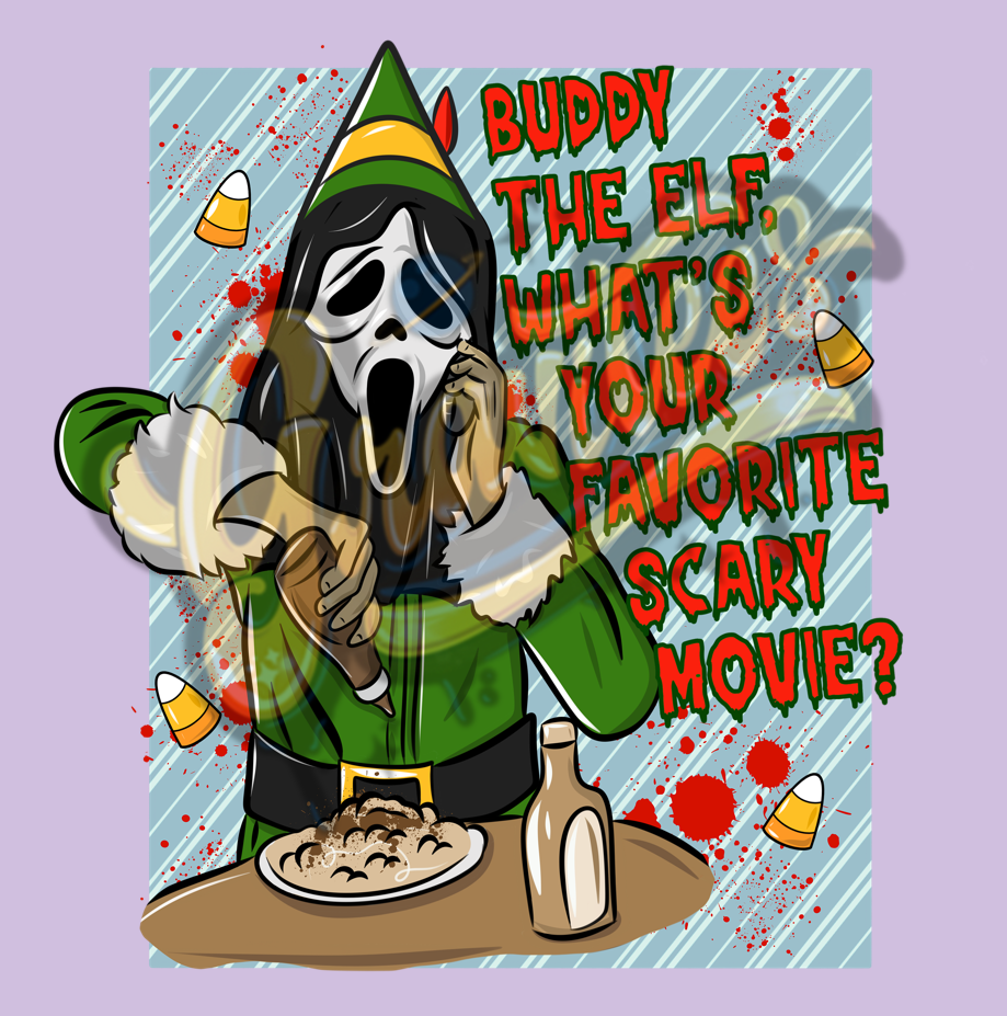 Buddy The Elf What’s Your Favorite Scary Movie Clipart Christmas Clipart, Elf Clipart for DTF or Shirt Printing, PNG Only!