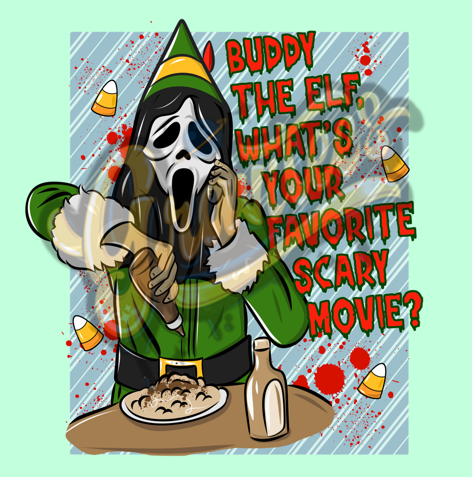 Buddy The Elf What’s Your Favorite Scary Movie Clipart Christmas Clipart, Elf Clipart for DTF or Shirt Printing, PNG Only!