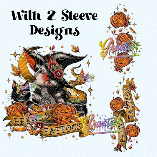 BREWS & TATTOOS WITCH with sleeve Designs PNG, BREWS & TATTOOS WITCH Clipart for DTF or Shirt Printing PNG Only!