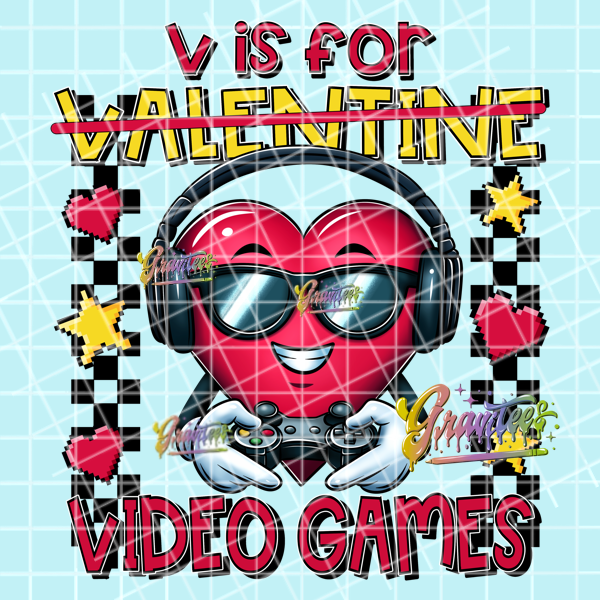 V is for Video Games Png, Gamer Clipart, Trendy Valentine Clipart, Clipart for DTF or Shirt Printing, PNG Only!