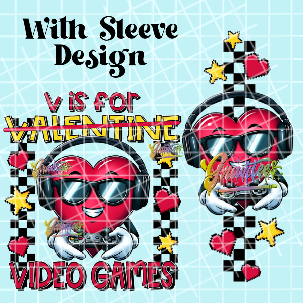 V is for Video Games with Sleeve Design Png, Gamer Clipart, Trendy Valentine Clipart, Clipart for DTF or Shirt Printing, PNG Only!