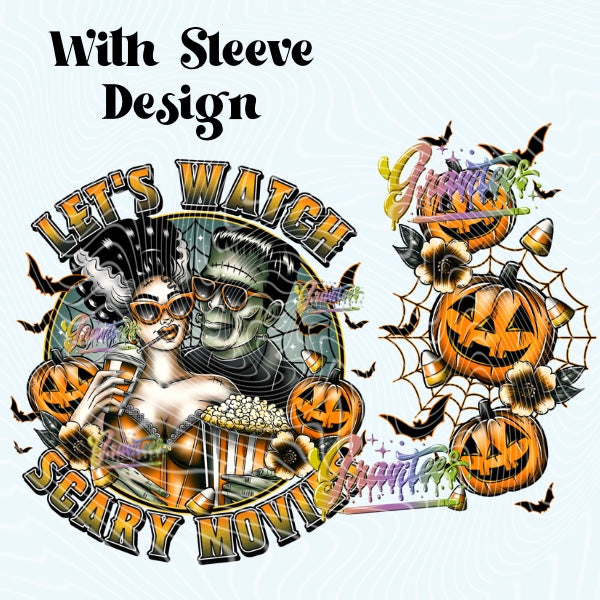 Let’s Watch Scary Movies with Sleeve Design PNG, Halloween Movie Design for DTF or Shirt Printing PNG Only