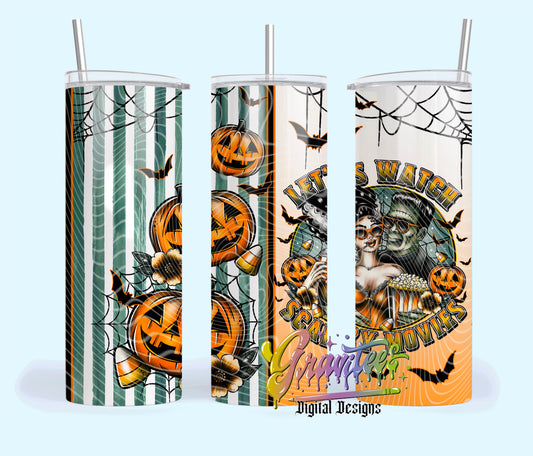 Let’s Watch Scary Movies 20oz Tumbler Template Design PNG, Fall Design for UVDTF or Sublimation Printing PNG Only!