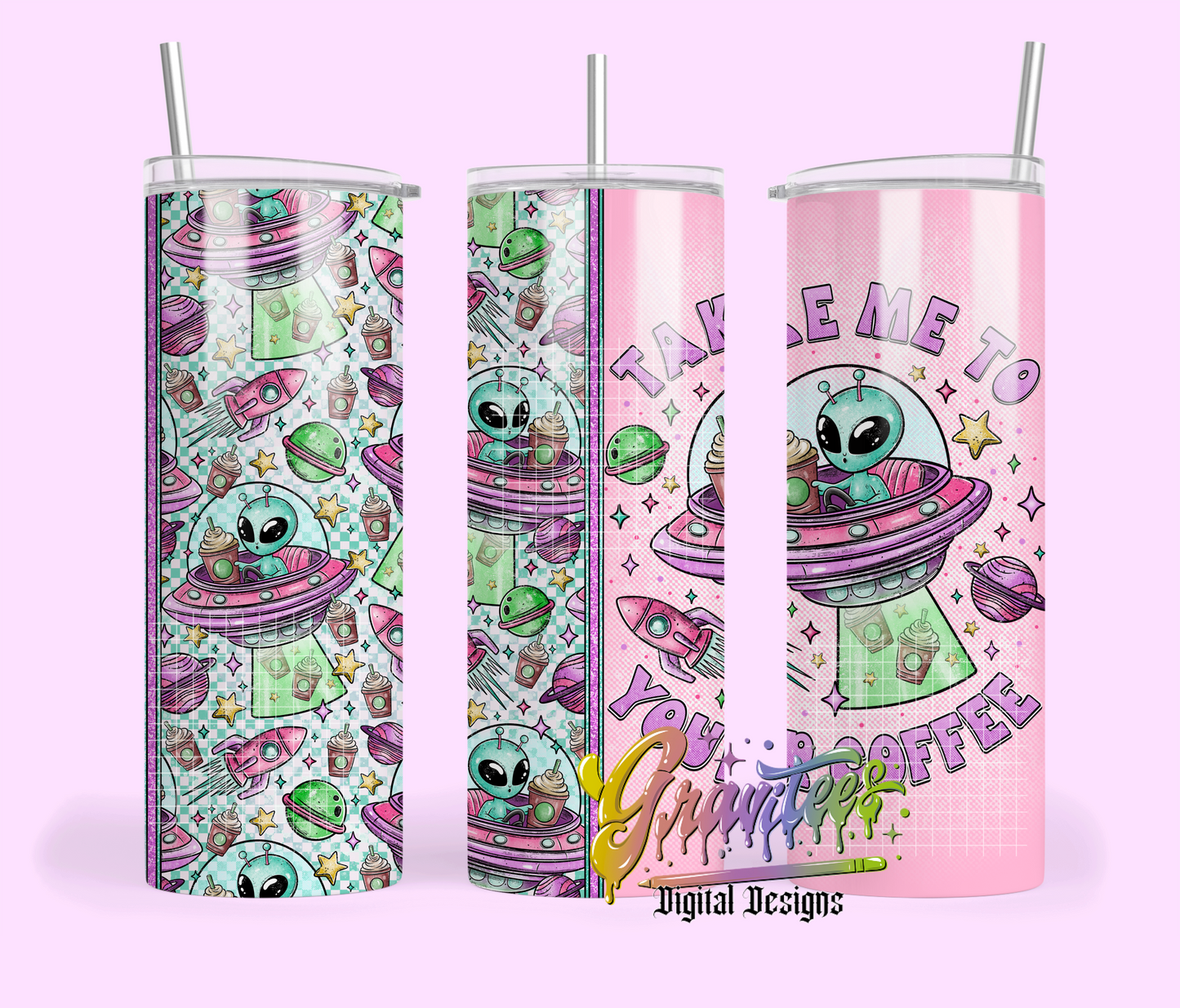 Take Me To Your Coffee Skinny Tumbler Design Png, Coffee Alien Clipart, Trendy Coffee Clipart, Clipart for DTF or Shirt Printing, PNG Only!