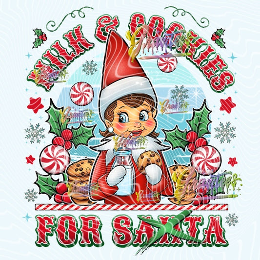 Female Elf Milk & Cookies Christmas Design for DTF or Sublimation Shirt Printing, PNG Only