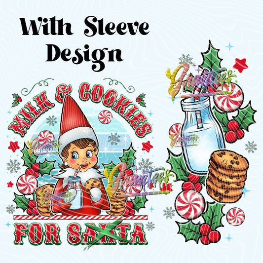 Female Elf Milk & Cookies Christmas Design With Sleeve Design for DTF or Sublimation Shirt Printing, PNG Only