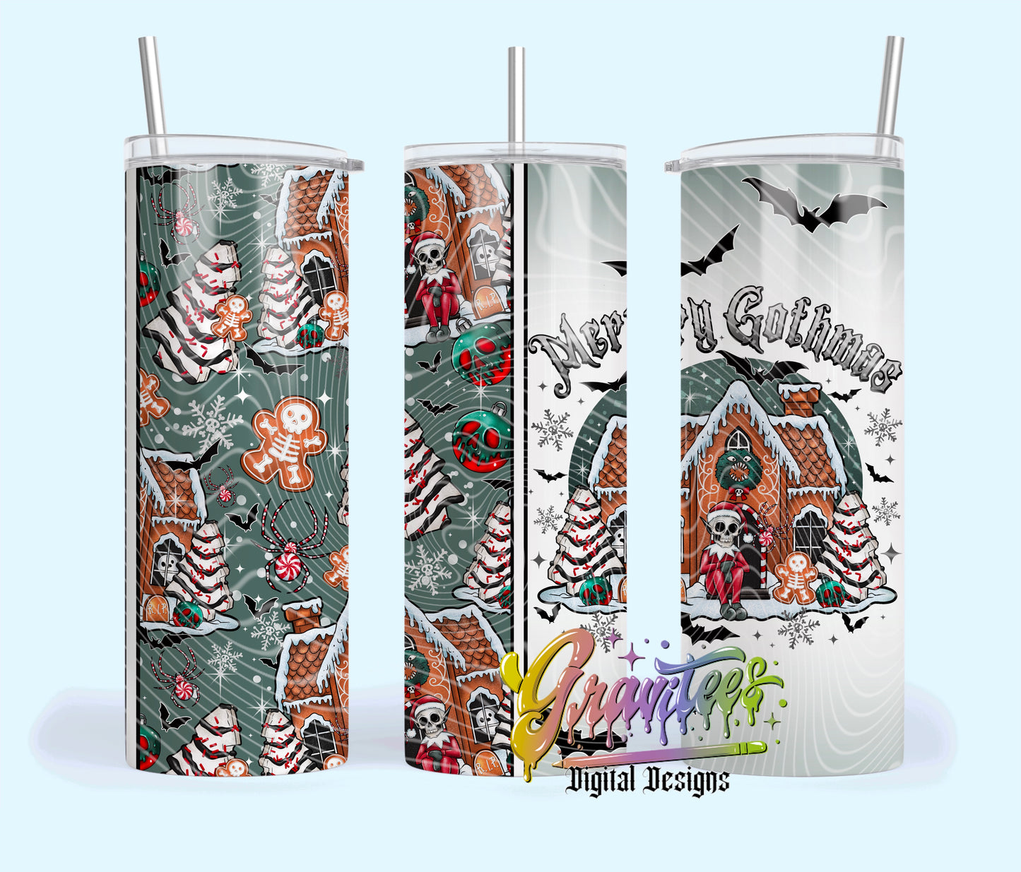 Merry Gothmas 20oz Tumbler Template Design PNG, Skeleton Gingerbread Christmas Design for UVDTF or Sublimation Printing PNG Only!