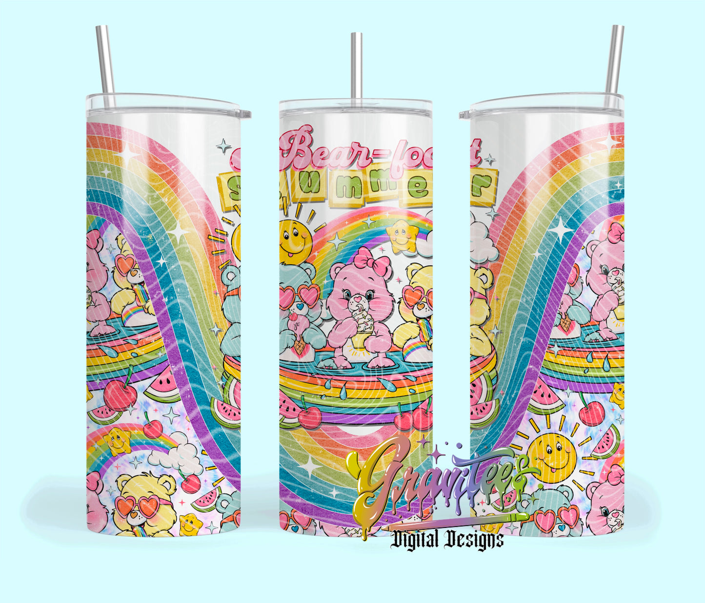 Bear-foot Summer Bears Skinny Tumbler Template Design Png, 90s Skinny Tumbler Template for UVDTF or Sublimation Printing, PNG Only!