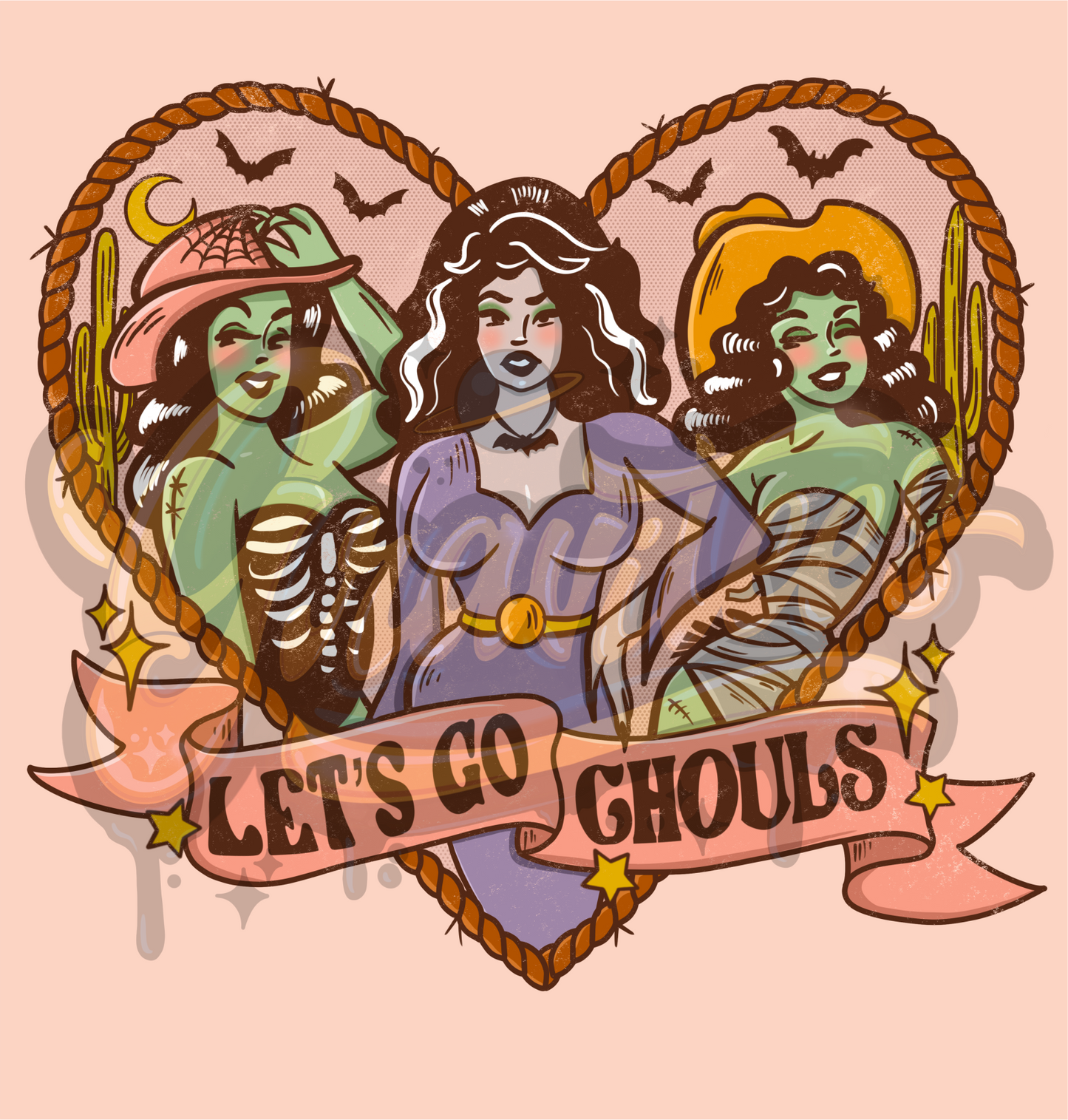 Let's Go Ghouls PNG, Spooky Cowgirls Clipart for DTF or Shirt Printing, Halloween Sublimation, PNG Only! Distressed Version!