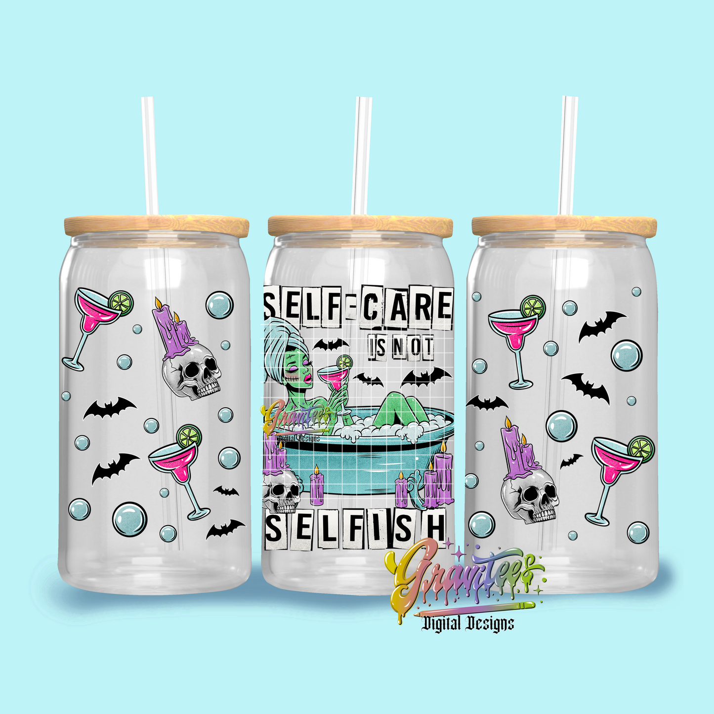 Self Care is not Selfish Seamless Libbey Tumbler Template Png, Zombie Clipart,  Trendy Spa Zombie Girl Clipart, Clipart for DTF or Shirt Printing, PNG Only!